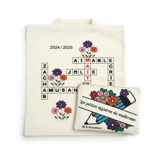 Cadeaux maîtresse ou ATSEM - Lot Tote Bag + Trousse MS Kréation