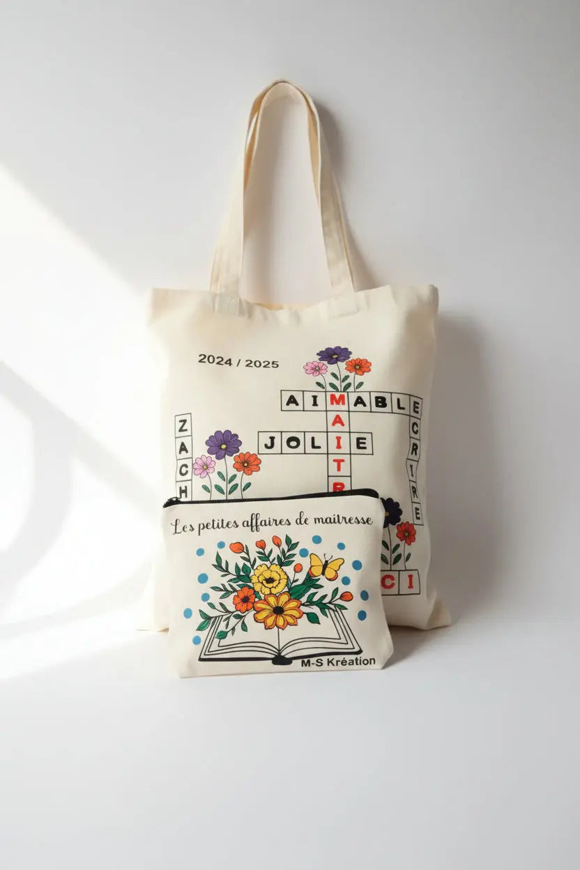 Cadeaux maîtresse ou ATSEM - Lot Tote Bag + Trousse MS Kréation