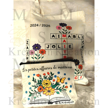 Cadeaux maîtresse ou ATSEM - Lot Tote Bag + Trousse MS Kréation