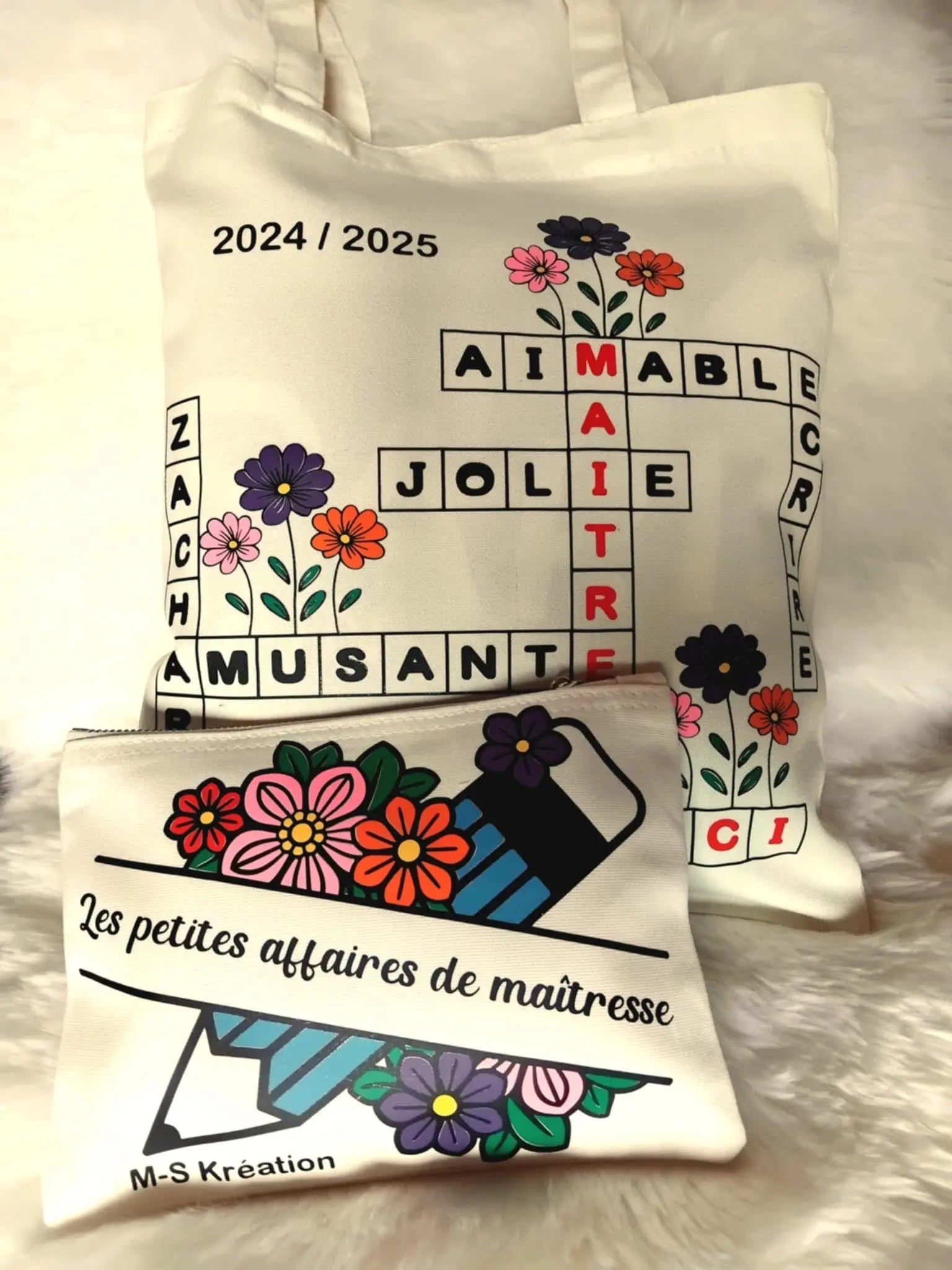 Cadeaux maîtresse ou ATSEM - Lot Tote Bag + Trousse MS Kréation