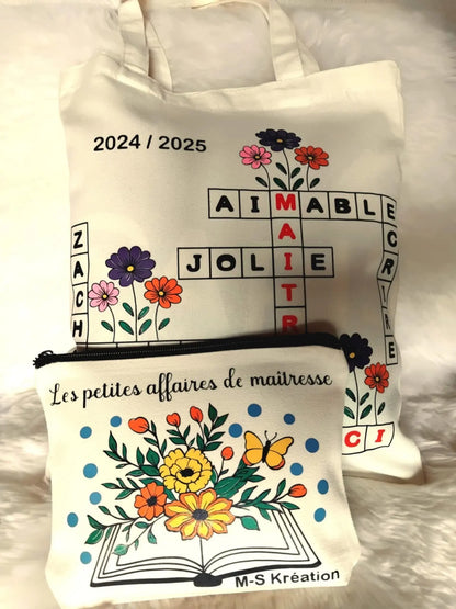 Cadeaux maîtresse ou ATSEM - Lot Tote Bag + Trousse MS Kréation